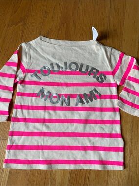 Crewcuts Cream & Hot Pink Striped Long-Sleeve Tee with Metallic Silver Print